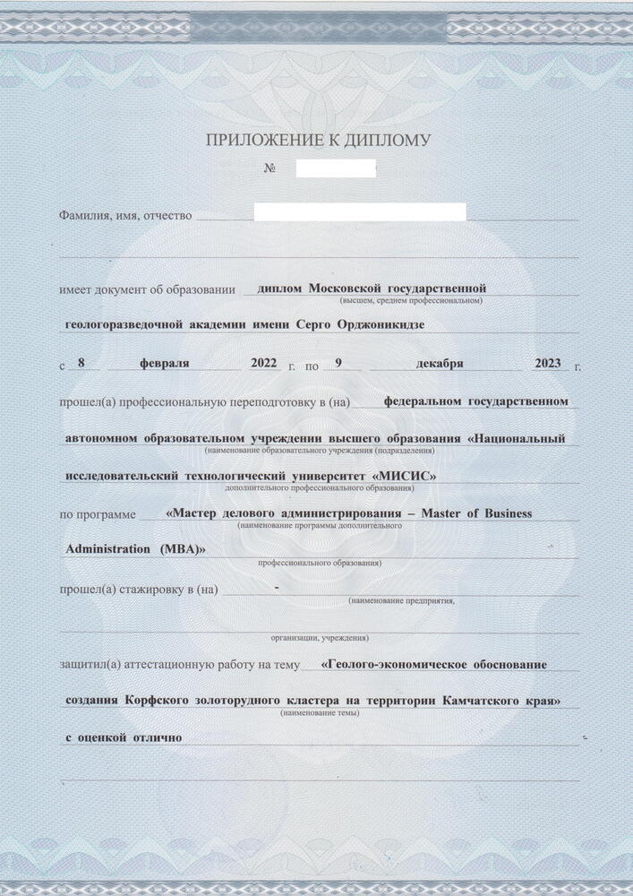 На изображении пример приложения к диплому MBA