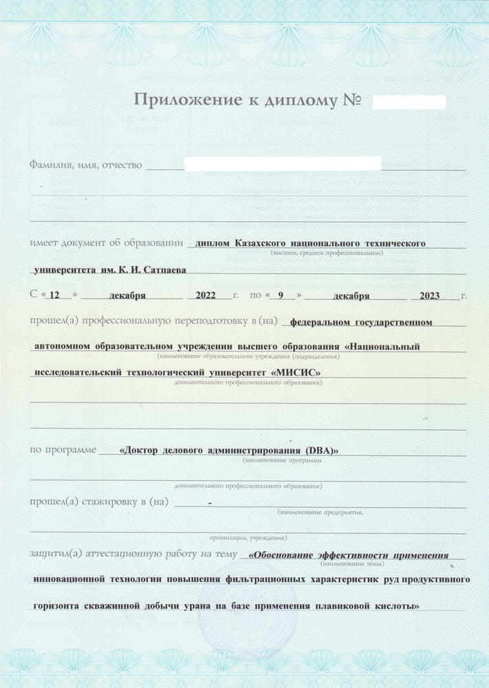 На изображении пример приложения к диплому DBA